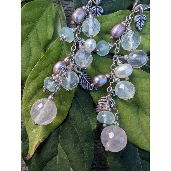 Vintage Sterling Rose Quartz Pearl Earrings, Silver Gemstone Dangle Earrings - Picture 7 of 10